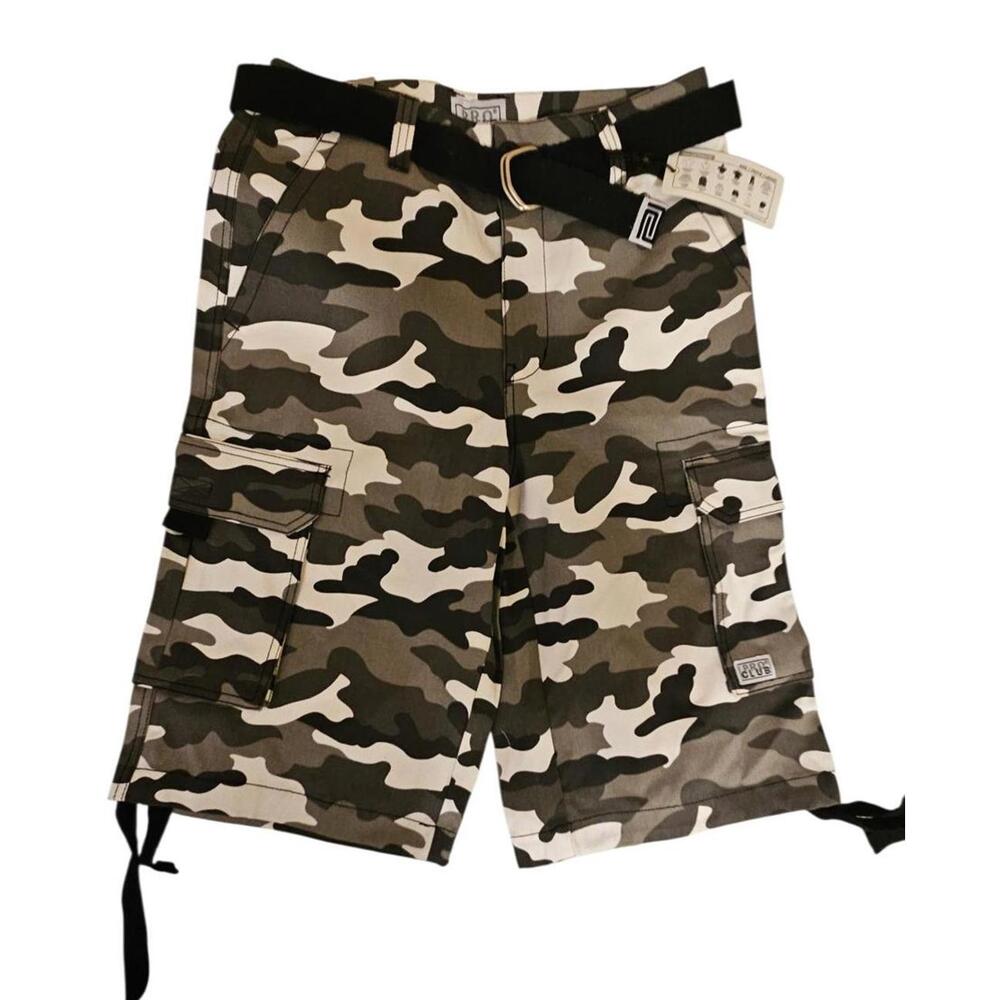 Pro Club Mens Cargo Shorts Camo Size 30 NWT with Belt Grey Camouflage New